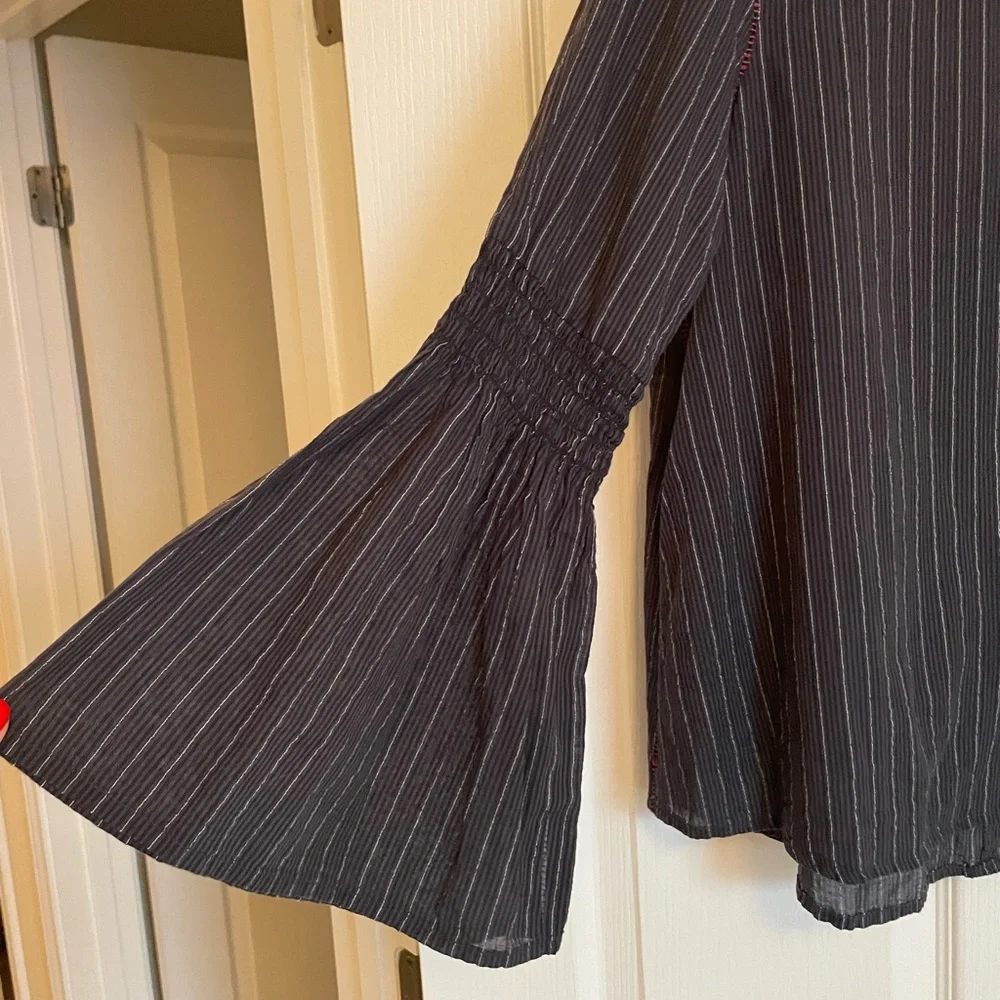 VELVET BY GRAHAM & SPENCER Navy and Red Striped Blouse with Bell Sleeves